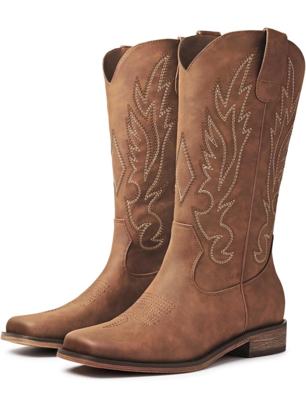 Women's Cognac Square Toe Mid Calf Western Cowgirl Boots Pull On Low Chunky Heel